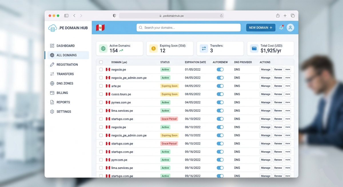 Vista ilustrativa de un panel reseller de dominios .PE con estados, renovaciones y acciones de administración